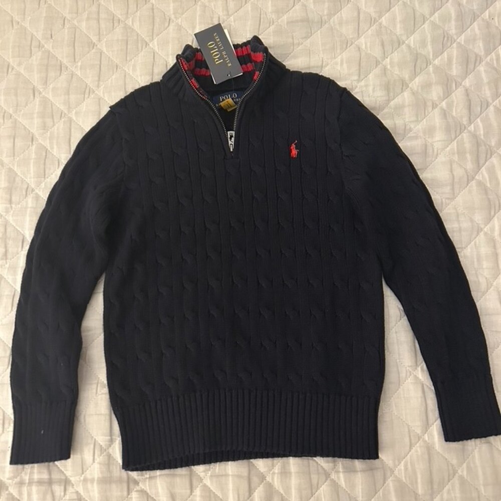 RALPH LAUREN QUARTER ZIP SWEATER - NWT - BLUE - SIZE 7